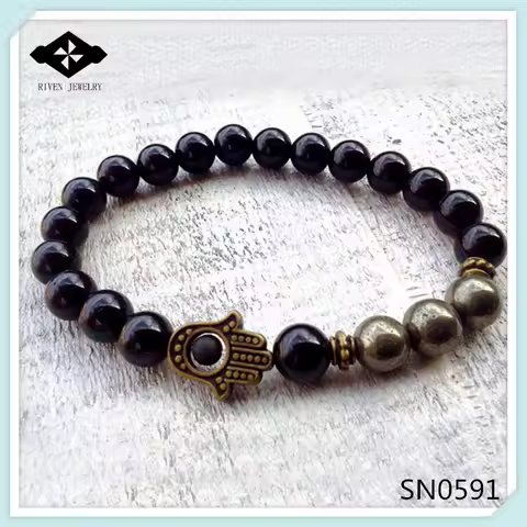 SN0591 New Design Pyrite Hamsa bracelet Fatima Hand bracelet For Men Onyx and Pyrite bracelet Hamsa 