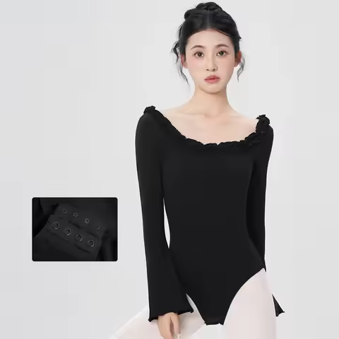 Women Open Crotch Ballet Leotard Long Sleeve Dance Bodysuit Teen Girl Open Back Ruffled Square Flare