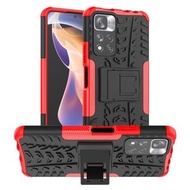 全城熱賣 - 適用於小米 紅米 Note 11 Pro國內版 輪胎炫紋TPU+PC手機殼 帶支架（紅色）