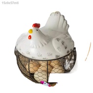 ✒✒♞Large Stainless Steel Mesh Wire Egg Storage Basket with Ceramic Farm Chicken Top and Handles