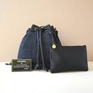 絕版中古包 Chanel古董藍黑色水桶包 側背包 單肩包 皮革包 二手