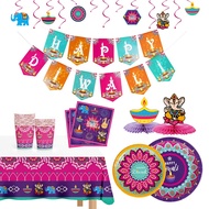 JOYMEMO Diwali Theme Disposable Paper Plate Paper Cup Banner Napkin Tableware Set for Diwali Festival of Lights Party Decoration Cutlery Supplies