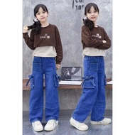 YK-32 3-in-1 Cargo Jeans Set for Girls Size S-2XL Ages 6-10 Years