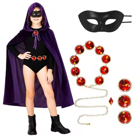 Raven Titans Costume Girls Raven Purple Velvet Cloak Witches Cape Red Gem Black Mask Anime Cosplay H