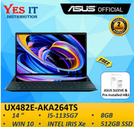ASUS ZenBook Duo 14 UX482E-AKA264TS 14" Laptop (I5-1135G7, INTEL IRIS Xe, 8GB, 512GB SSD, W10+OPI, 2YW) FREE SLEEVE