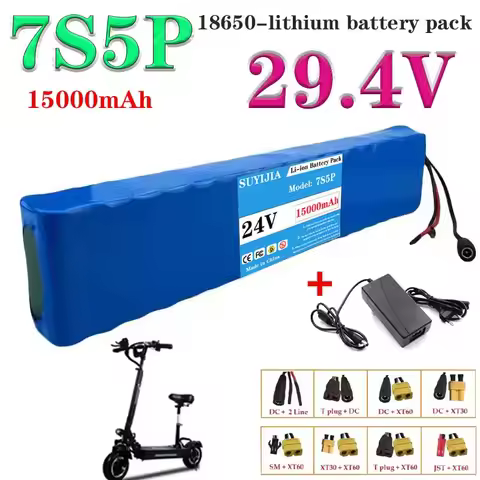 New 24V electric vehicle lithium battery 7S5P 18650 24V 15AH 15A BMS 500W 29.4V + charger 2A