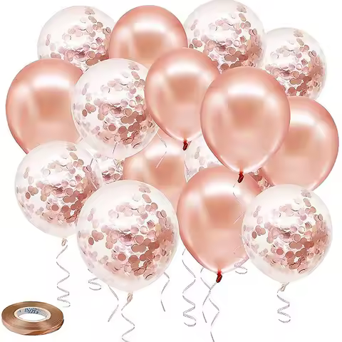 50 Pack Rose Gold Confetti Latex Balloons With Rosegold Ribbon For Birthday Wedding Bridal Shower Gr