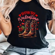 Western Cowgirl Outfit - Howdy Cowboy Boots & Roses Print Stretchy Round Neck Blouse-Compatible Top