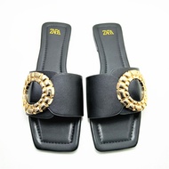 Genuine 2025 ZARAˉ Summer New Womens Shoes Black Slippers Wearing Leather Flat Sandals Sandals New p