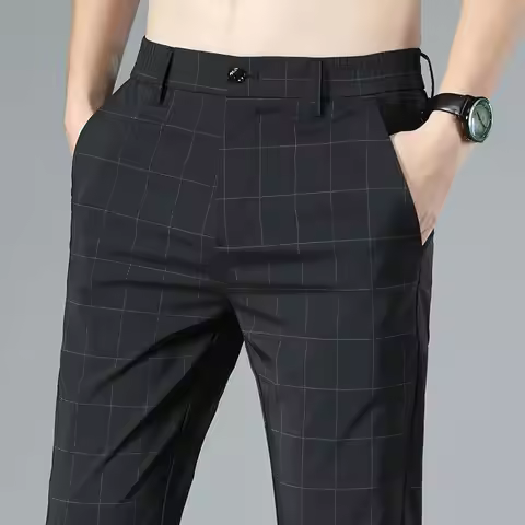 Male Suit Trousers Check Cooling Ice Silk Plaid Straight Up Clothes Offer Slacks Designer Men's Summ