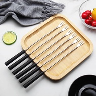 HUMBERTO 6pcs/set Chocolate Fondue Fork, Plastic/Wooden Handle Long Handle Stainless Steel Fruit Fork, Kitchen Gadget Not Easily Deformed Three-pronged Cheese Fork Salad