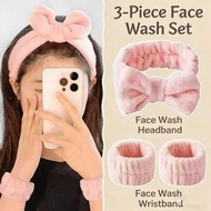3Pcs Bow Headband Wristband Set Towel Elastic Soft Washing Face Shower Skincare Headband For Women G