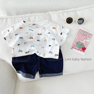Bemoo- Set of cotton shirts with car prints and jeans for boys