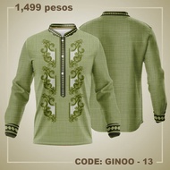 Olive Green Barong Tagalog Long Sleeve Shirt For Men Ethnic Vine Print Filipino Formal Attire Weddin