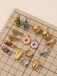 1pc Stainless Steel Plated Gold Drip Paint Multi-Element Pendant Necklace, Christmas Tree, Donut, Fo