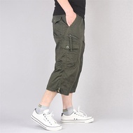 FGHJ TOP★Long Length Cargo Shorts Men Summer Multi-Pocket Casual Cotton Elastic Capri Pants Men Mili