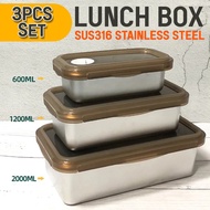 YQ [ 3PCS SET ] SUS316 Stainless Steel Lunch Box [ 600ml / 1200ml / 2000ml ]