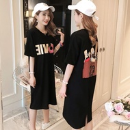 5.13 Pure Cotton Korean Style Dress 2024 Women's Loose Mid-Length Half-Sleeved T-Shirt Black Slimmer Look Plus Size Dress