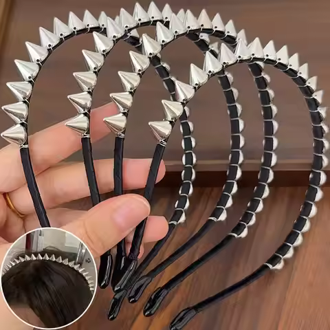 Y2K Punk Rivet Rock Headband Spike Hairband,Black Rock Hair Hoop Headwear Gothic Hair Clip for Hallo