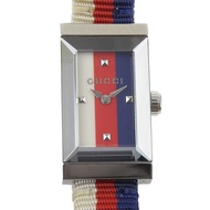 二手 Gucci G Frame Tricolore 手錶 YA147502/147.5 不鏽鋼與帆布錶帶 石英模擬顯示顏色錶盤 女士手錶