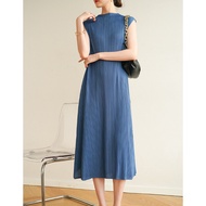 Miyake Pleated 2024 Summer Designer Style Soft Elegant High-End Sleeveless Half Turtleneck Dress