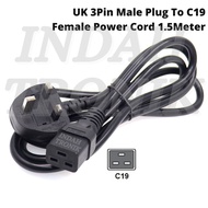 IEC UK 13A Male 3 Pin Plug to C19 Female Cable Wayar Power Cord - 1.5Meter