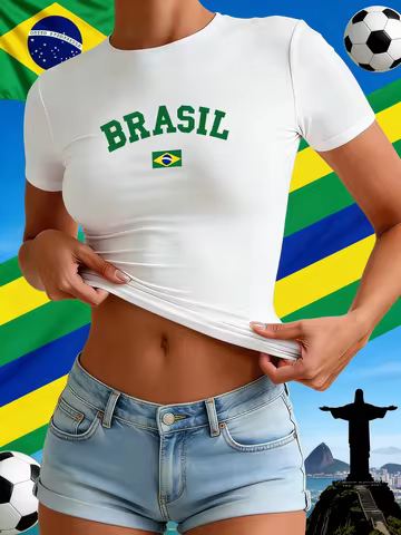 Brasil Flag Simple Camiseta Womens Y2K T-Shirts Hip Hop Casual T Shirt Yoga Slim Short Sleeves Summe
