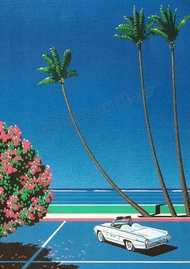 UNMOTBO โปสเตอร์ศิลปะบนผนังสไตล์ย้อนยุค Hiroshi Nagai Vaporwave ญี่ปุ่น ชายหาดเมืองเขตร้อน รถยนต์ ภา