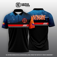 Fire Rescue Themed Full Sublimation Polo Shirt - Customizable Logo, Blue-Black Geometric Patchwork +