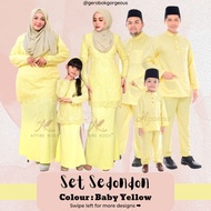 Baju Raya Sedondon Tema Warna Baby Yellow (Kuning Cair) Set Family Ayah Ibu Anak Baju Kurung Baju Melayu Kurta [RAYAFR]