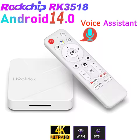 H96 Max RK3518 Android14.0 Quad Core 4K Wifi6 BT5.4 BT Voice Assistant Remote Control Game Media Pla