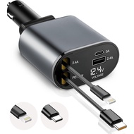 EcoNour Fast 4-in-1 Retractable Car Charger Adapter | 60W Car iPhone Charger | USB C Fast Charge | C