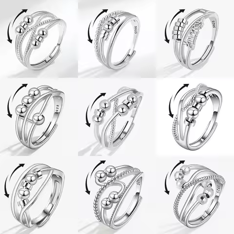 Punk Beads Anxiety Fidget Rings Adjustable for Couples Silver Color Metal Balls Anti Stress Spinner 