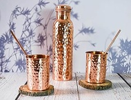 India House 100% Pure Copper Hammered Bottle with 2 Glasses, 2 Straws and 2 Coasters/Water Bottle/1000ml/Exercise/Meditation/Gym/Yoga