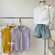 (QC-Bao Chat) Shirt Sleeveless V Neck 1 Chest Pocket Shrimp Tail Flap Lightweight Cool Linen Ulzzang