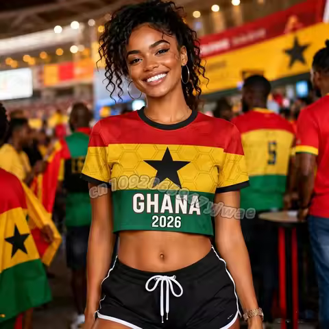 2026 women GHANA 2026 Crop Top Jersey, All-over Print Football Tee women Cheerleaders Jersey, short 