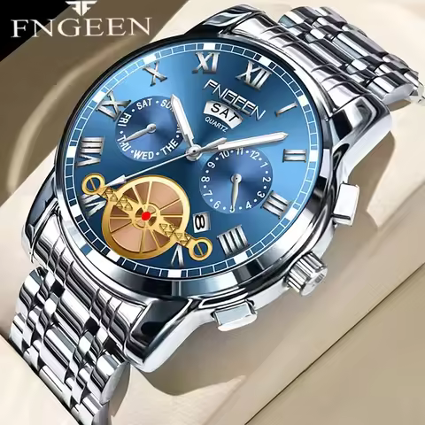 FNGEEN Men’s Watches Top Luxury Brand Fashion Quartz Men Watch Calendar Waterproof Gold Steel Busine