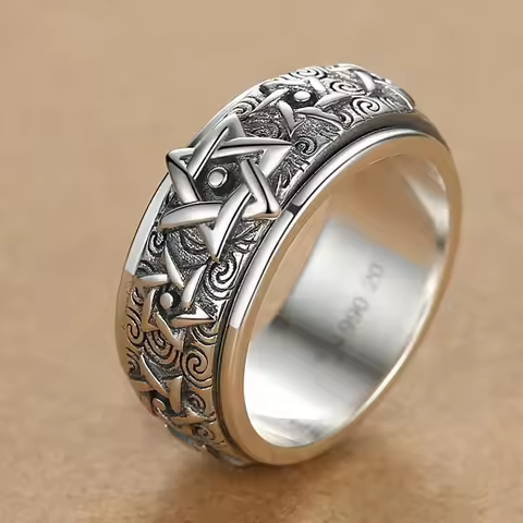 New Rotatable Silver Ring Men's Retro Creative Domineering Six-pointed Star Wide Version Thai Index 