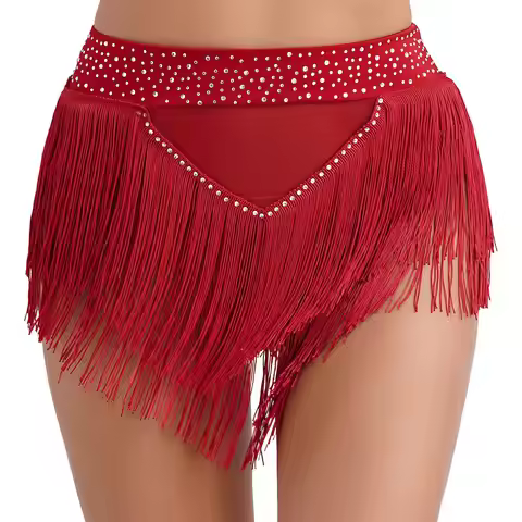 Womens Tassel Belly Dance Shorts Skirts Samba Fringe Latin Rumba Samba Tango Dancewear Shiny Rhinest