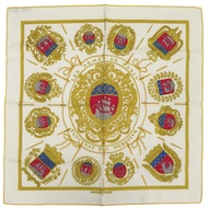 狀況良好 Hermès Carré 45 Petit Carré 巴黎徽章，LES ARMES DE PARIS，絲綢奶油色，金RED圍巾，0155 [二手] HERMES