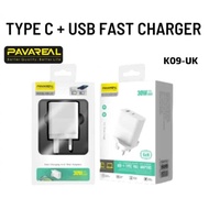 PAVAREAL K09-UK  30W 3.0A Type C + USB Fast Charging Adapter Charger
