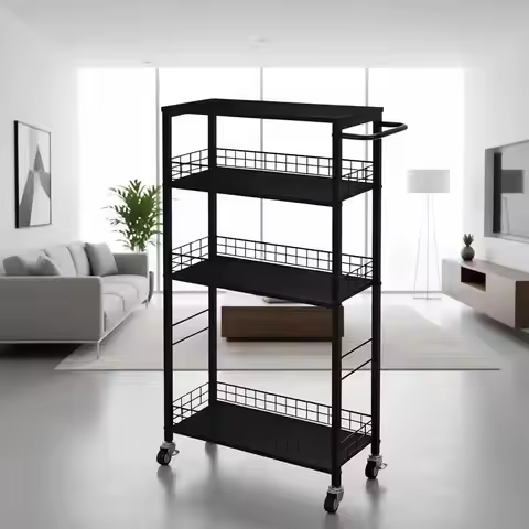 Kitchen Rolling Utility Cart with 4-Tier Slide-Out Shelves, Wood & Metal Handle, Mobile Storage for 