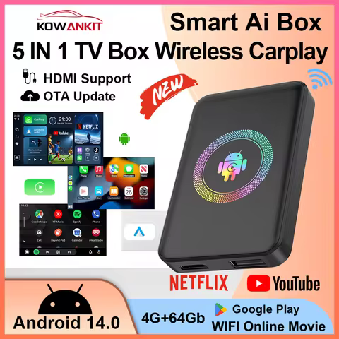 Kowankit 4+64G Android 14 Wireless CarPlay Ai Box Smart 5 in 1 HDMI Plug & Play Android Auto Car Tv 
