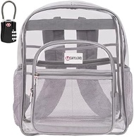 Clear Backpack For School XL - Heavy Duty Bookbag has TSA Lock - Key Holder - Bottle Opener - 2-WAY Zip - Inside, Outside Zip Pockets - Expandable Side Pockets - Transparent PVC - H18''xW14''xD8"