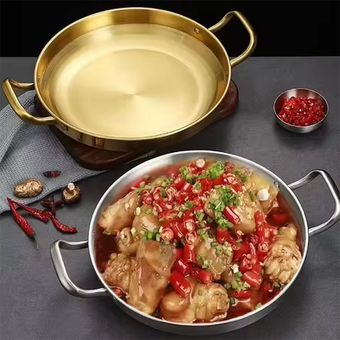 Korean Frying Pan Stainless Steel Paella Pan with Gold Handle Cooking Pot Seafood Rice Pans Non Stic