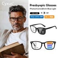 Cyxus 1.00 -4.00  Reading Glasses Photochromic 40Years+ AntiBlue Light Long Square Frame Unisex 2040