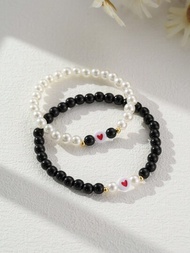 2 Piezas Pulseras Falsas De Perlas Rojas Con Corazón Para Parejas, Pulseras Elásticas A Juego De Cuentas Blancas Y Negras Para Novio Y Novia