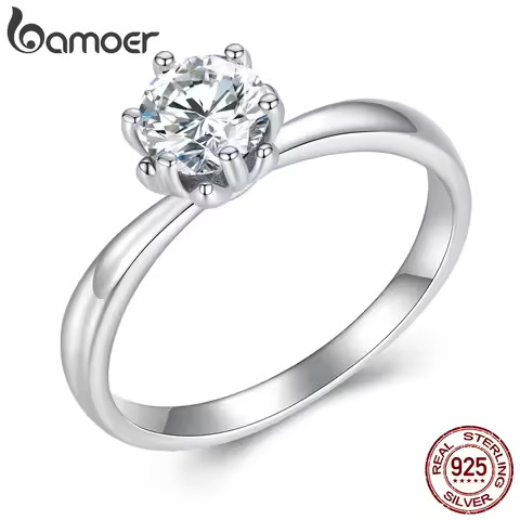 BAMOER 0.8CT Round Moissanite 14K Gold Plated Ring for Women D Color VVS1 EX Lab Diamond Engagement 