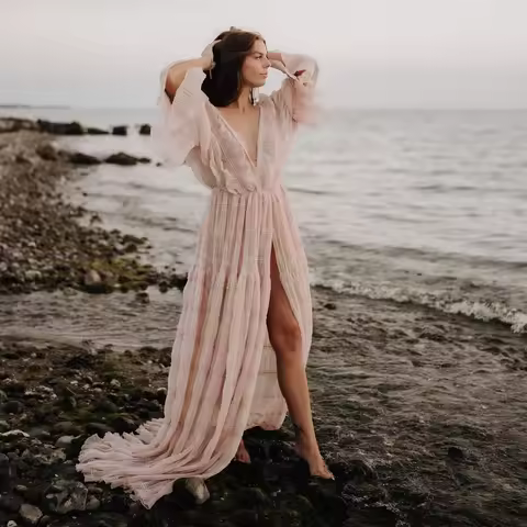 Boho Style Pleat Maternity Photo Shooting Dress Open Front Bohemian Long Dress For Pregnancy Photo S