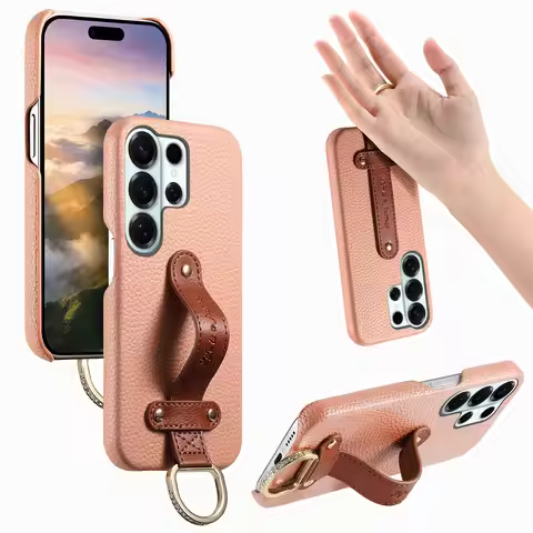 Lychee Textured Leather Wrist Strap Ring Holder Phone Case For Samsung S26 Ultra S25 S24 Plus S23 S2